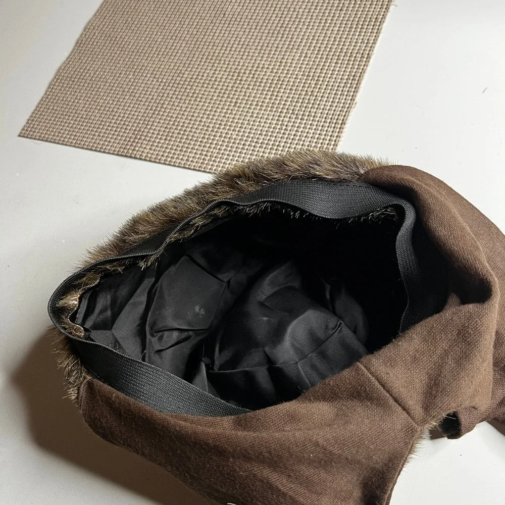 Vintage Style Brown Faux Fur Trim Cossack Hat with Long Scarf Ties One Size
